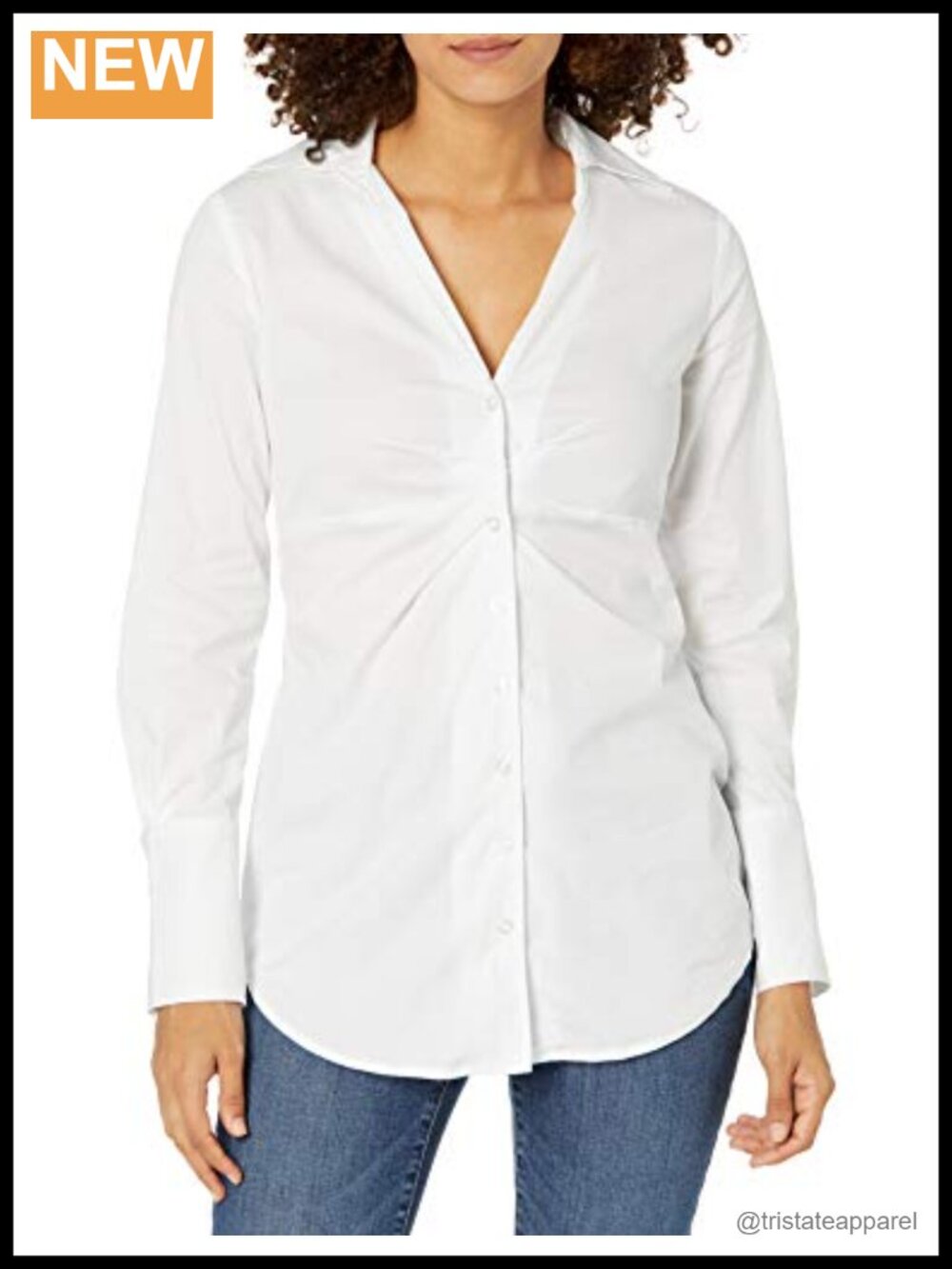 Calvin Klein Womens V-Neck Ruched Front Poplin Button Down Shirt